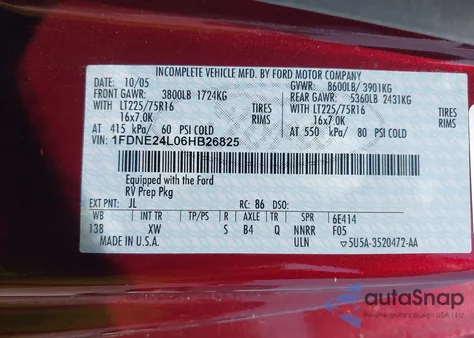 2006 Ford E-250 Commercial/Recreational from USA, damaged, VIN 1FDNE24L06HB26825